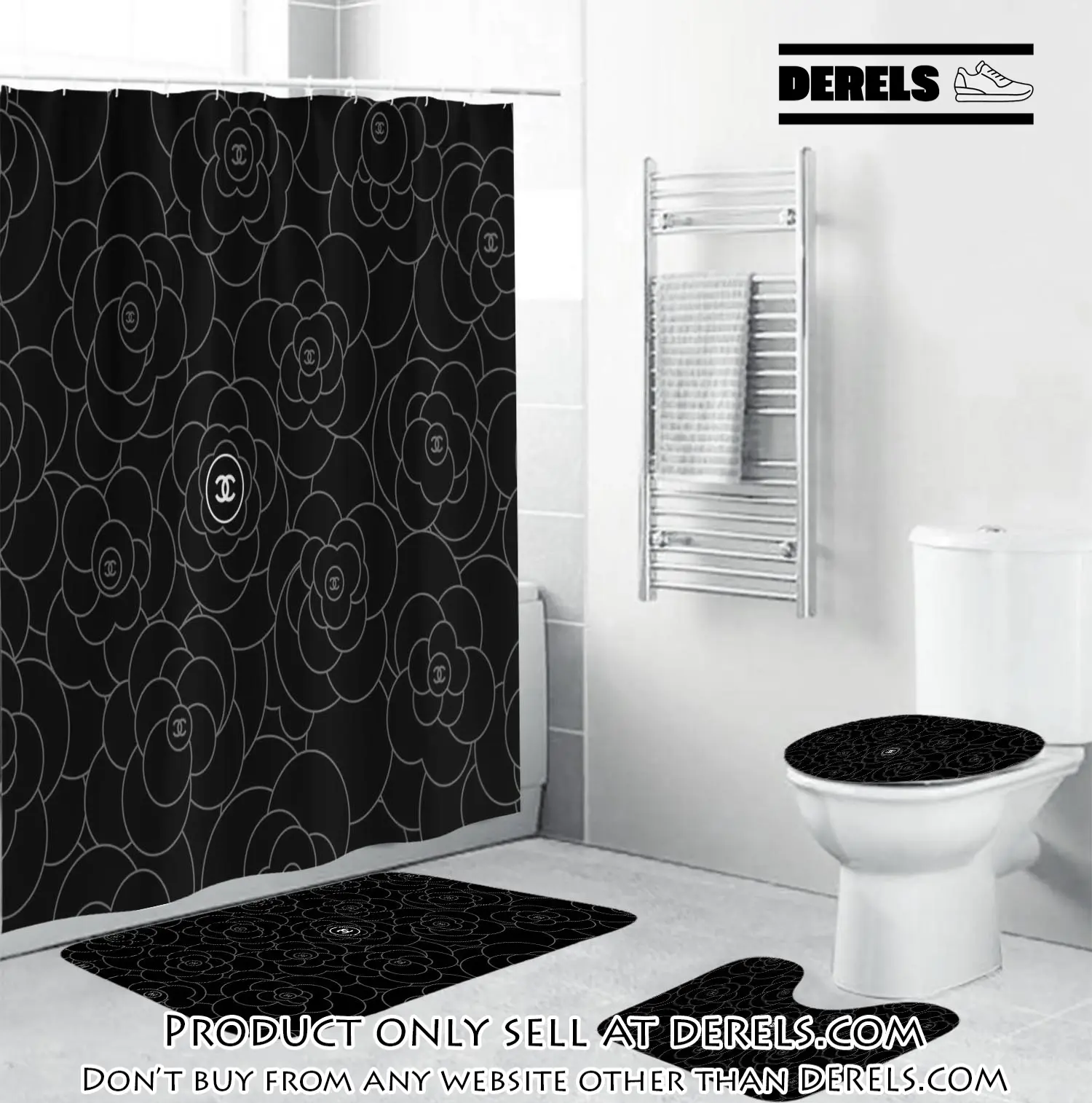 Chanel white signature flower in black background bathroom set accessories dr1127696